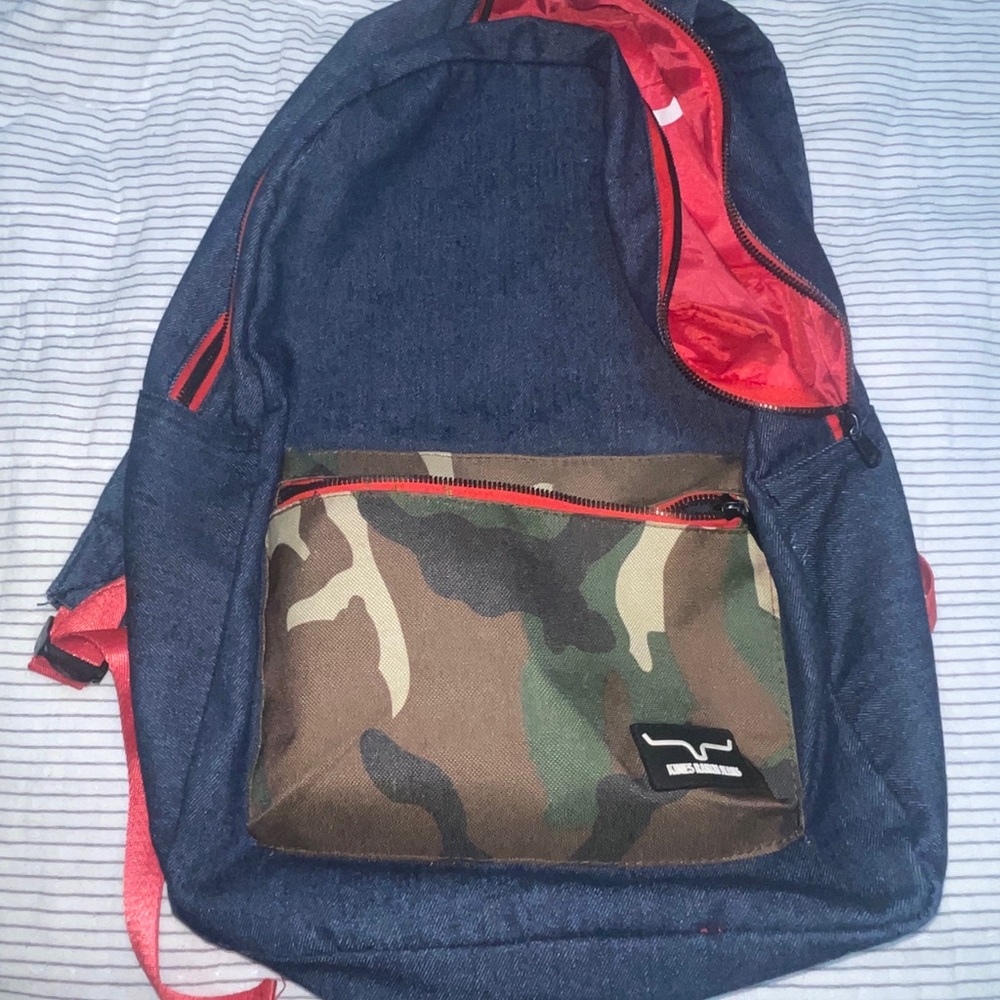 Kimes Ranch Denim and Camouflage Backpack with Red Accents